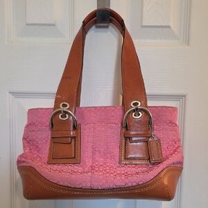 Coach Pink Canvas Shoulder Bag with Tan Leather Trim